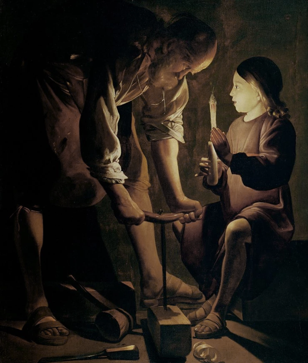 Painting in colour Joseph the carpenter and Jesus is the boy holding a candle Joseph is working on a piece of wood